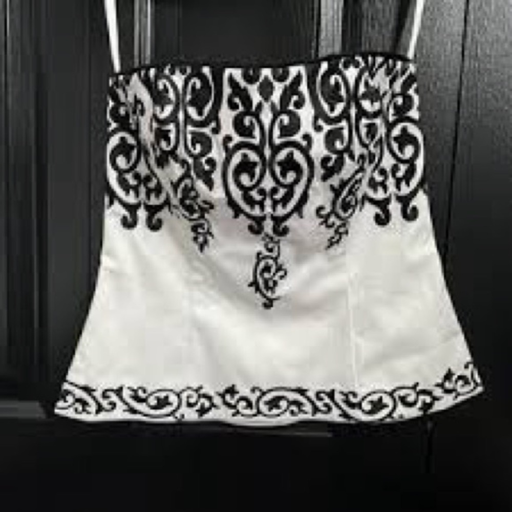 Strapless White Top with Black Scroll Embroidery